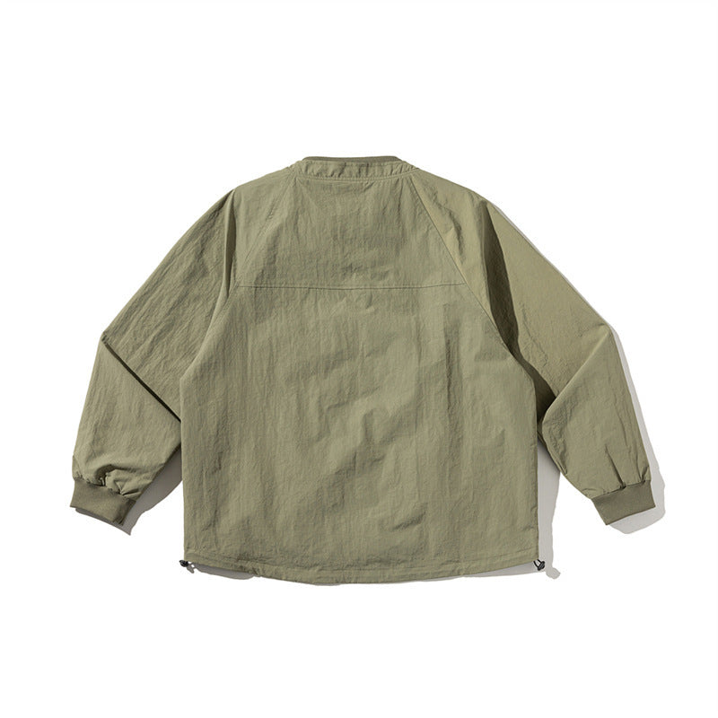 Unisex Lightweight Boxy Field Jacket without Collar with Raglan Sleeves, Patch Flap Pockets and Drawstring Chichicherry