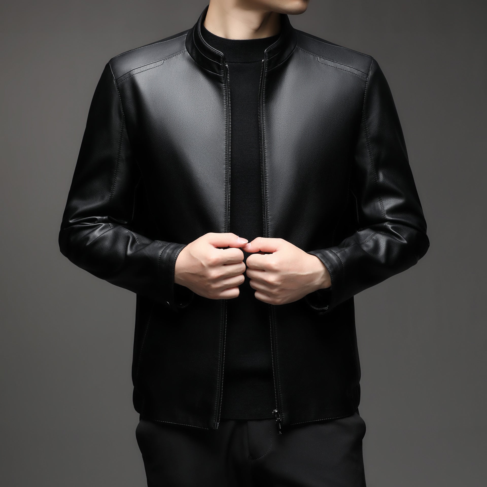Men's lamb leather bomber jacket with warm lining and stand-up collar Chichicherry