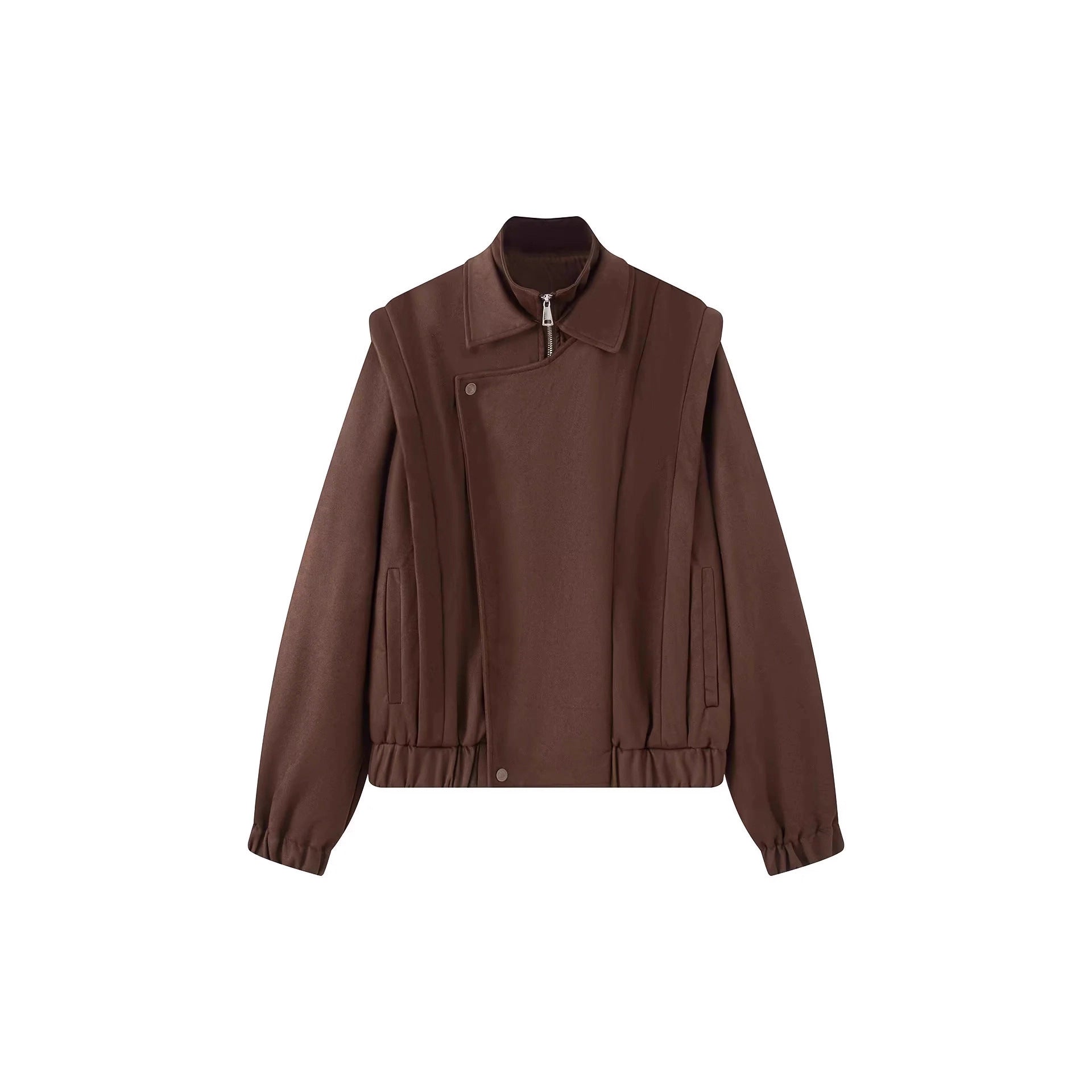 Women's short wool bomber jacket with asymmetrical zipper, stand-up collar, and elastic hem Chichicherry