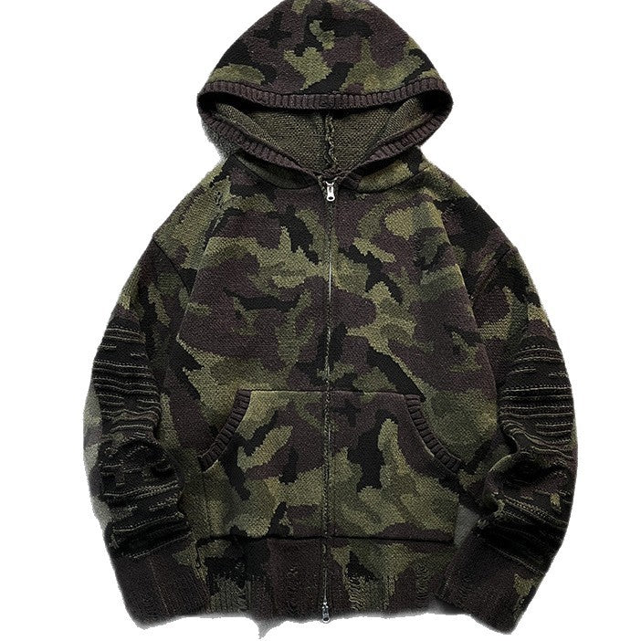 Herren Strick-Kapuzenjacke im Camouflage-Look mit Reißverschluss und used-Details Chichicherry