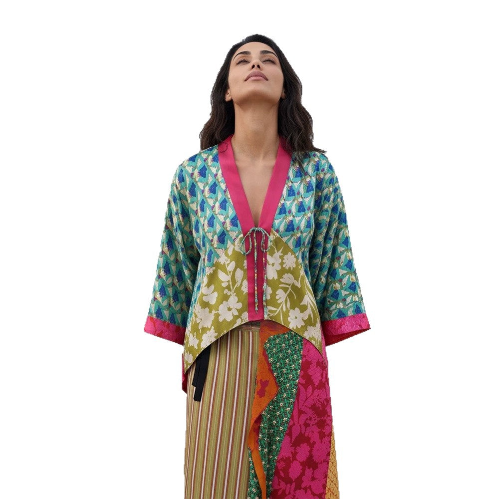 Women's Patchwork Kimono Top made of silk blend with deep V-neck and tie belt Chichicherry