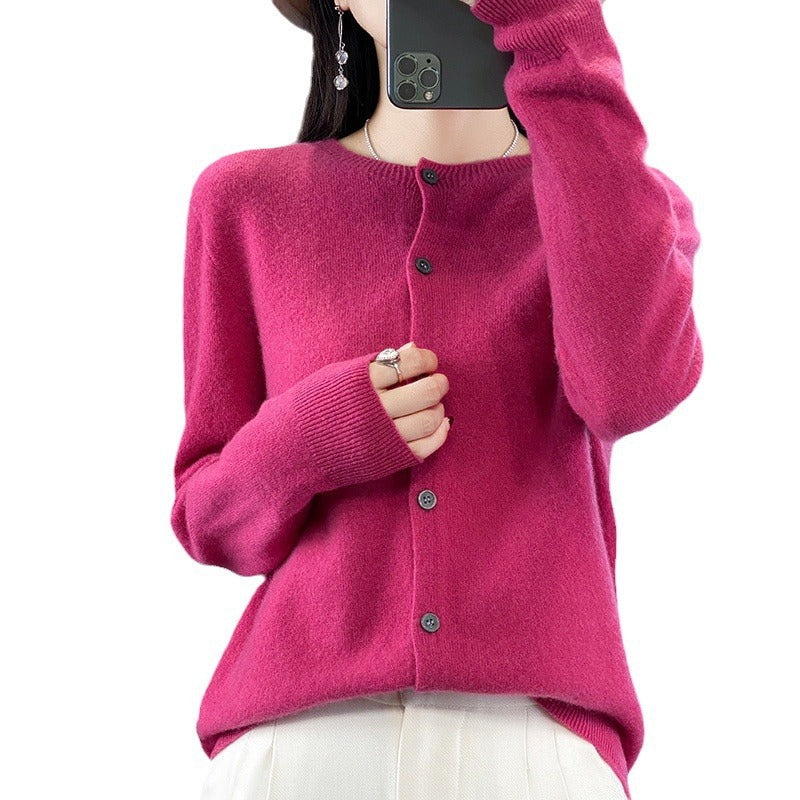 Women's Lightweight Fine Knit Cardigan with Cashmere Look, Round Neckline and Concealed Button Placket Chichicherry