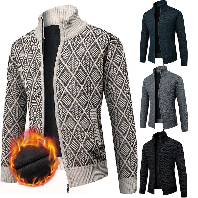 Men's Thermal Knit Zip Jacket with Jacquard Pattern and Fleece Lining Chichicherry