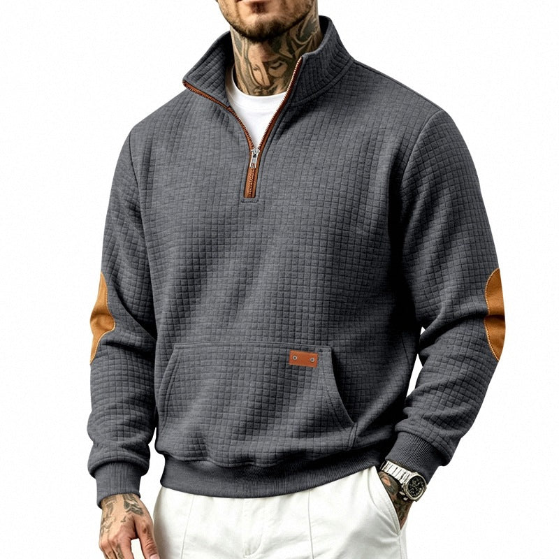 Men's waffle texture fleece pullover with stand-up collar, kangaroo pocket and contrast trim Chichicherry
