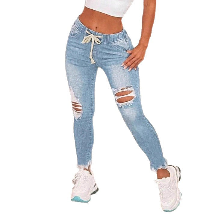 Women High-Waisted Slim Jogger Jeans with Destroyed Inserts and Drawstring Chichicherry