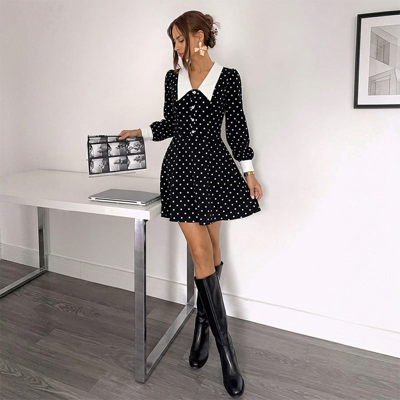 Women's Fitted A-Line Minidress with Polka Dot, Pointed Contrast Collar and Cuffs Chichicherry