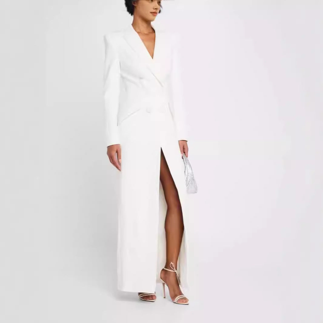 Women Blazer Dress Maxi Dress with Double Breasted, tailored silhouette and high front slit Chichicherry