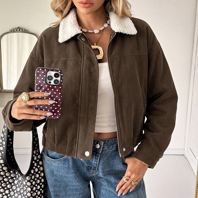 Women Short Cut Cord Jacket with Teddy Lining and Sheep Collar Chichicherry