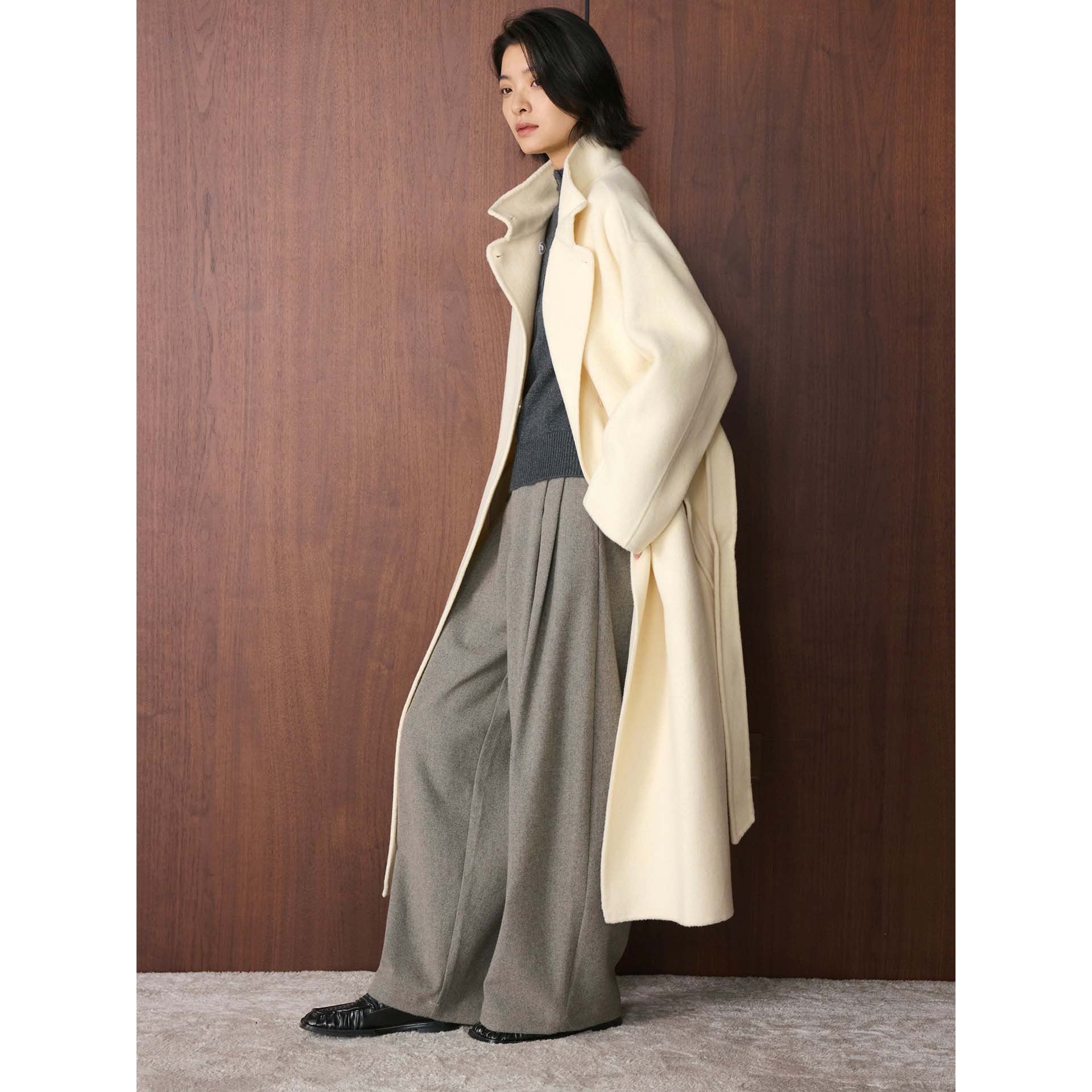 Women Oversized Wool Blend Coat with Asymmetrical Stand-Up Collar Chichicherry