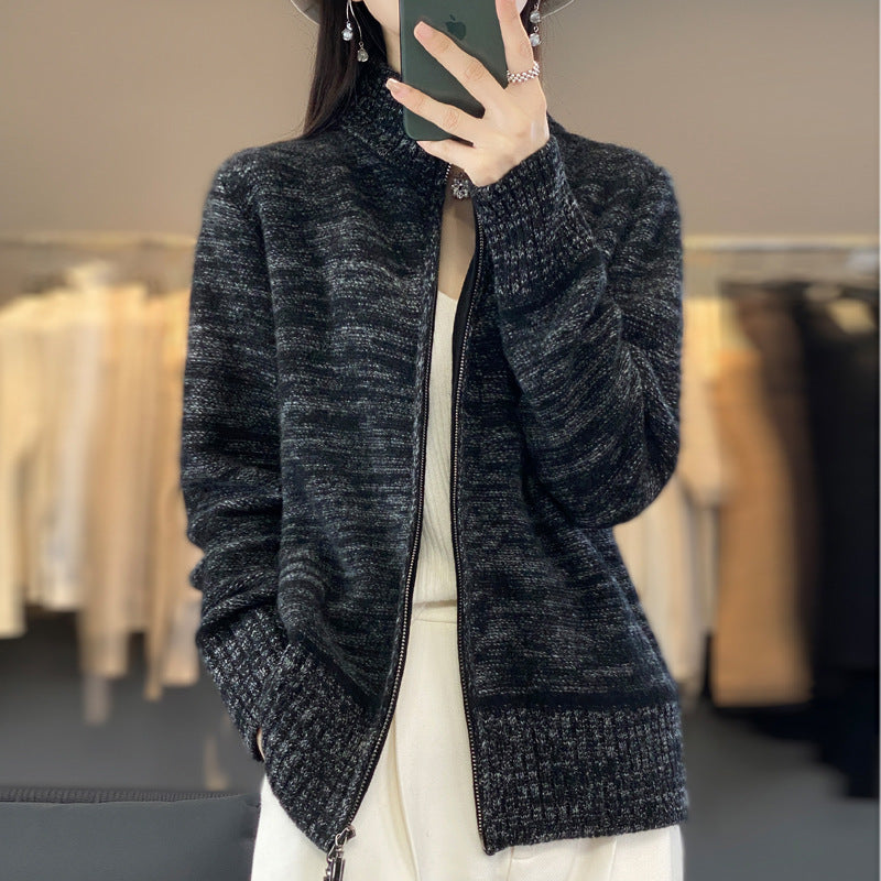 Women’s zippered cardigan with mottled texture and stand-up collar Chichicherry