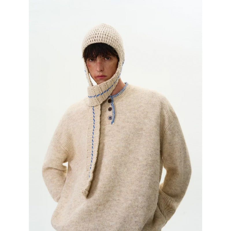 Herren Grobstrick-Henley-Pullover mit Bouclé-Optik und kontrastierten Bündchen Chichicherry