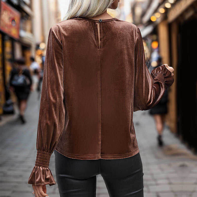 Women's velvet blouse with lace yoke, gathered cuffs, and elegant round neckline Chichicherry