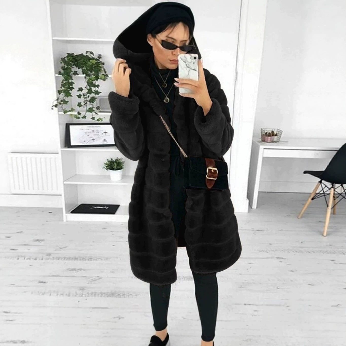 Women's Hooded Faux Fur Coat with Quilted Panel Structure Chichicherry