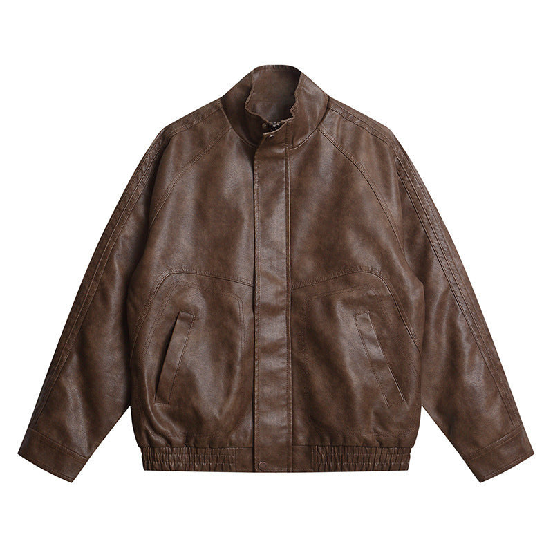 Men's leather-like bomber jacket with stand-up collar, concealed snap button placket, and elastic hem