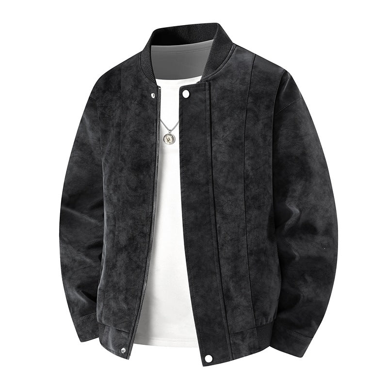Men's Suede Optic Bomber Jacket with Vertical Quilt Seams and Ribbed Collar Chichicherry