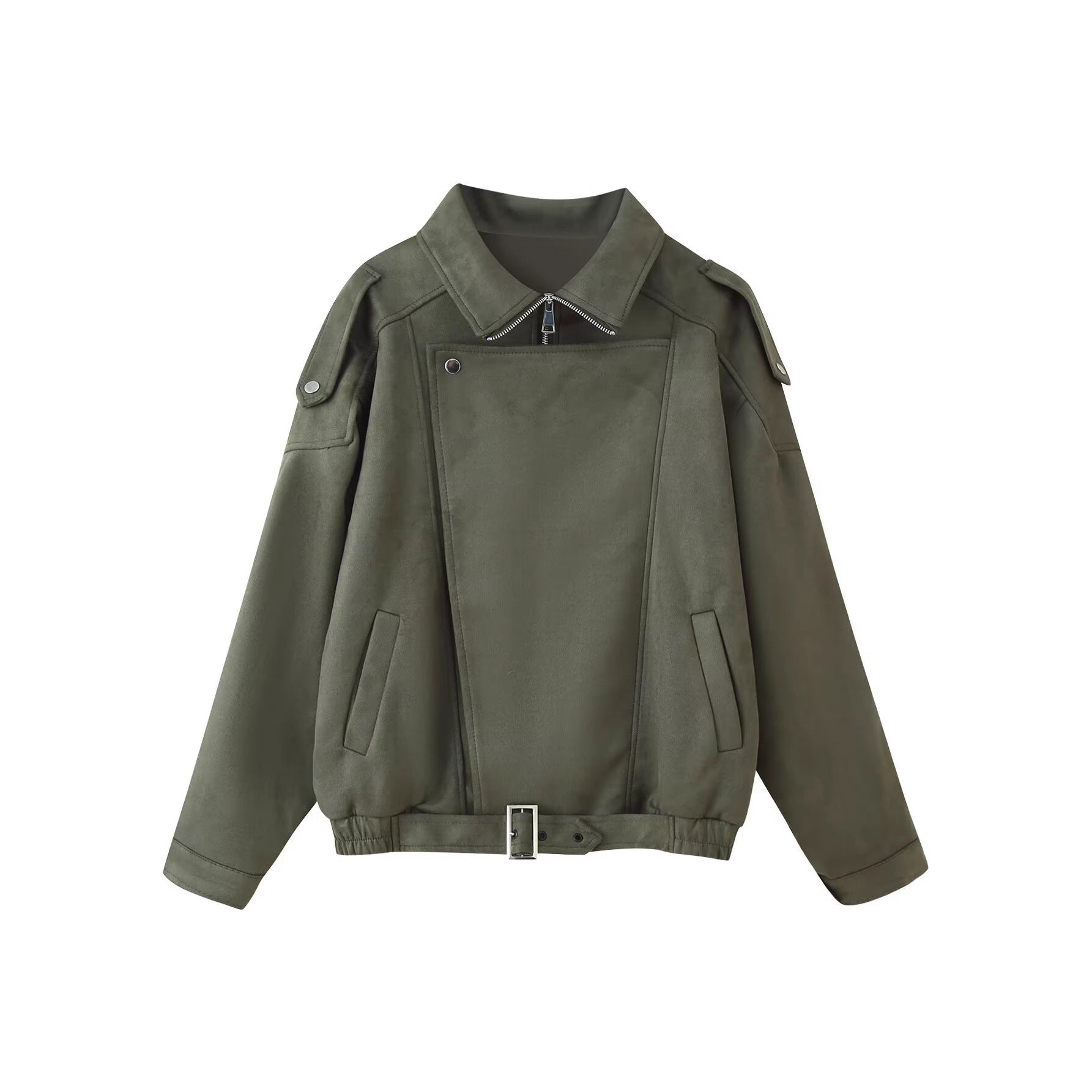 Women's short jacket in biker blouson style with belt and asymmetrical flap Chichicherry