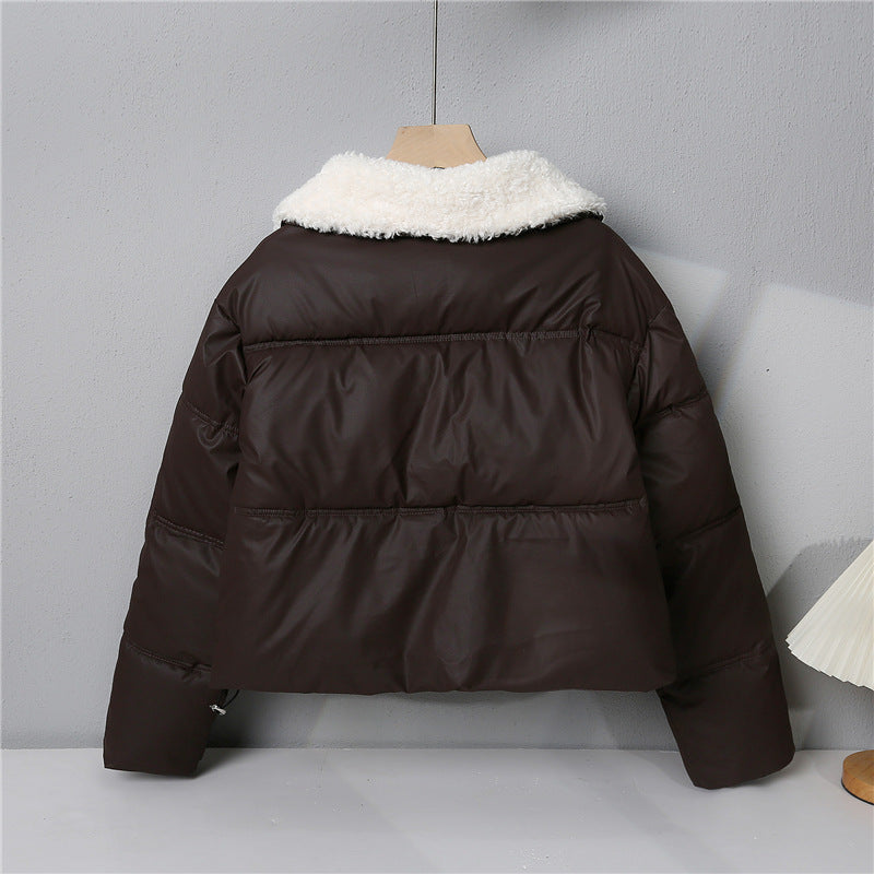 Women's quilted winter jacket with teddy collar, padded insulation, and concealed snap button closure Chichicherry