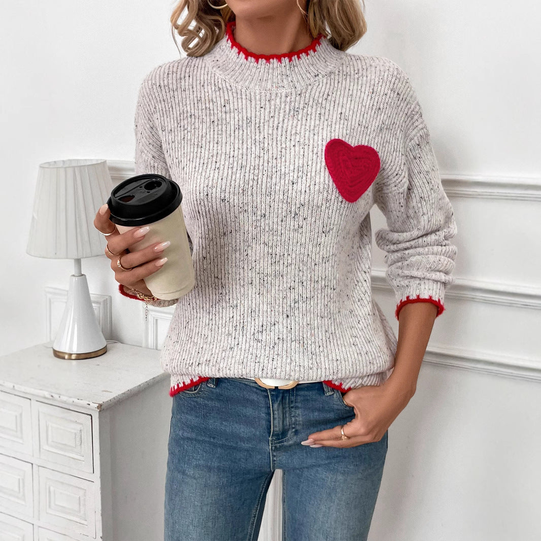 Women's Ribbed Fine Knit Sweater with Heart Application and Contrasting Hem Edge Chichicherry