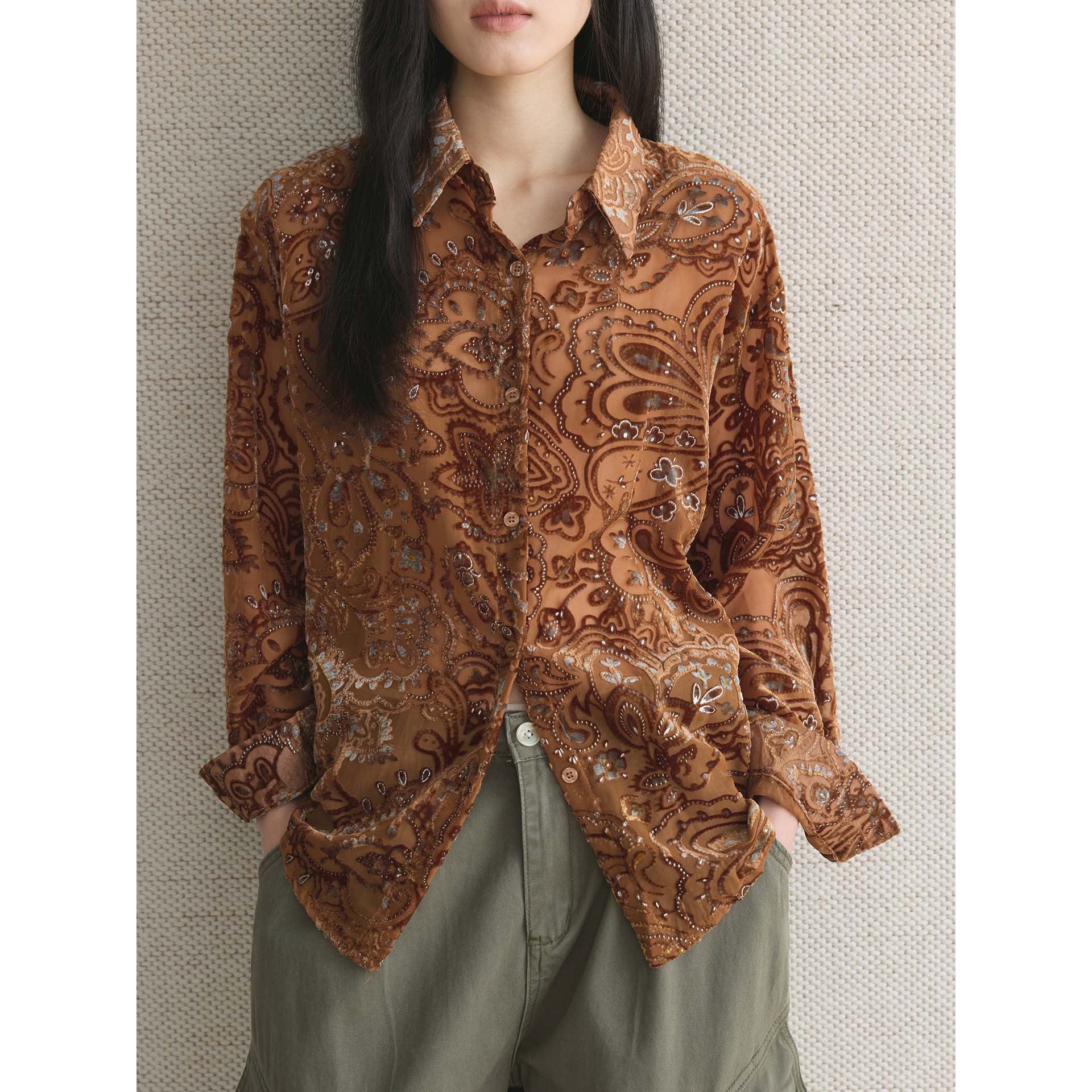 Ladies Embroidered Velvet Blouse with Paisley Pattern and Sequins Chichicherry
