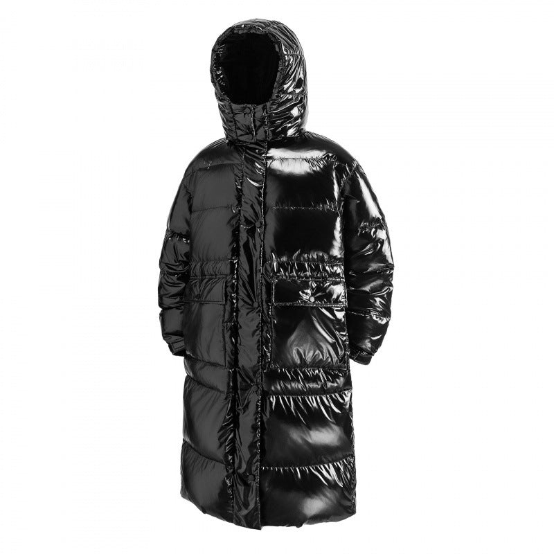 Women's longer shiny quilted puffer coat with hood, utility pockets and oversized silhouette Chichicherry