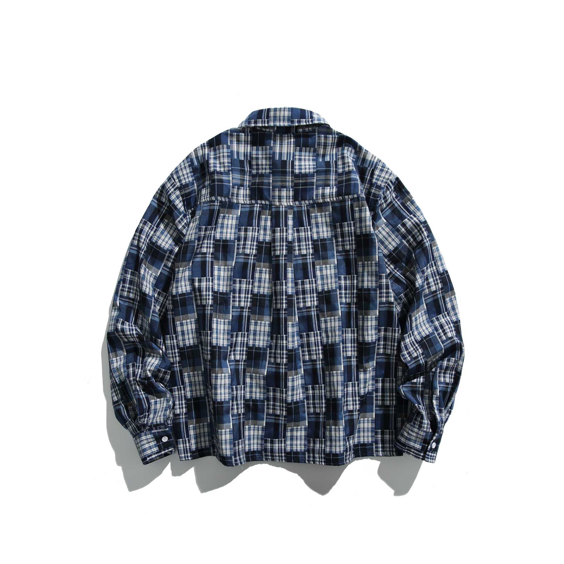 Unisex Patchwork Check Shirt Jacket in Oversize Boxy Cut with Chest Pocket and Kent Collar Chichicherry