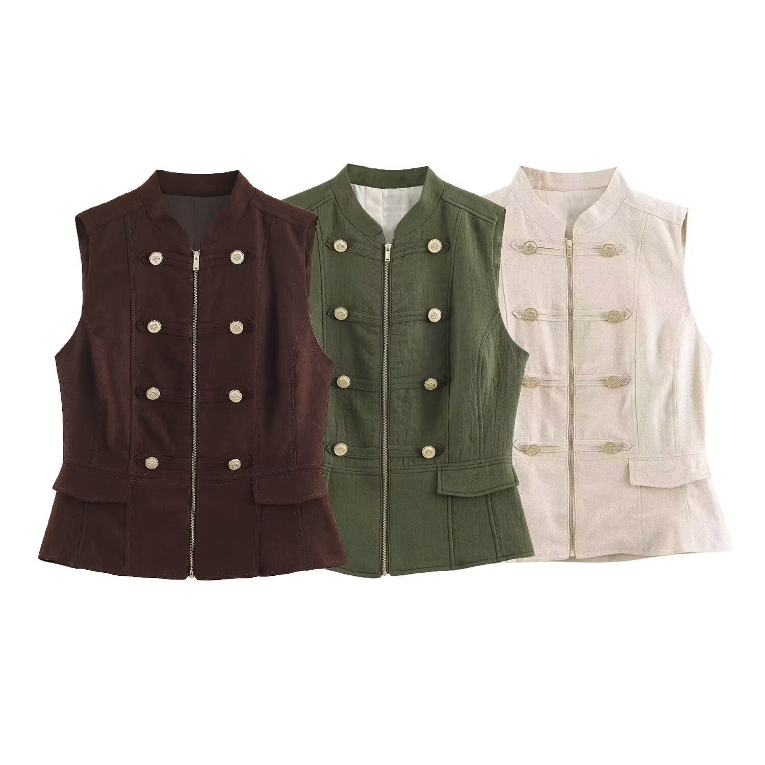 Women's Military-Inspired Tailored Vest with Stand-Up Collar and Decorative Button Placket Chichicherry