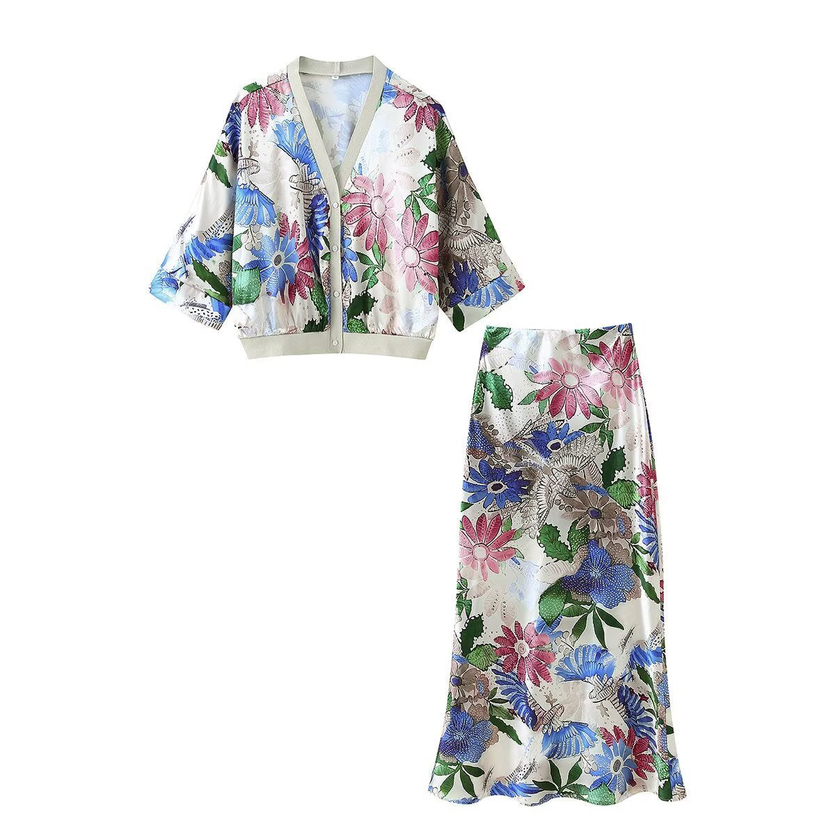 Ladies two-piece satin set with floral printed short jacket and bias-cut midi skirt Chichicherry