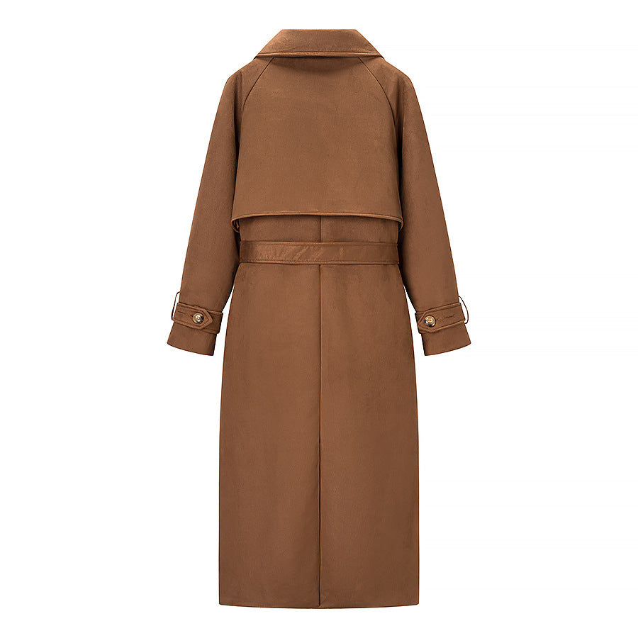 Women Long Double-breasted Coat in Trench Coat Style with Waist Belt and Sleeve Tabs Chichicherry
