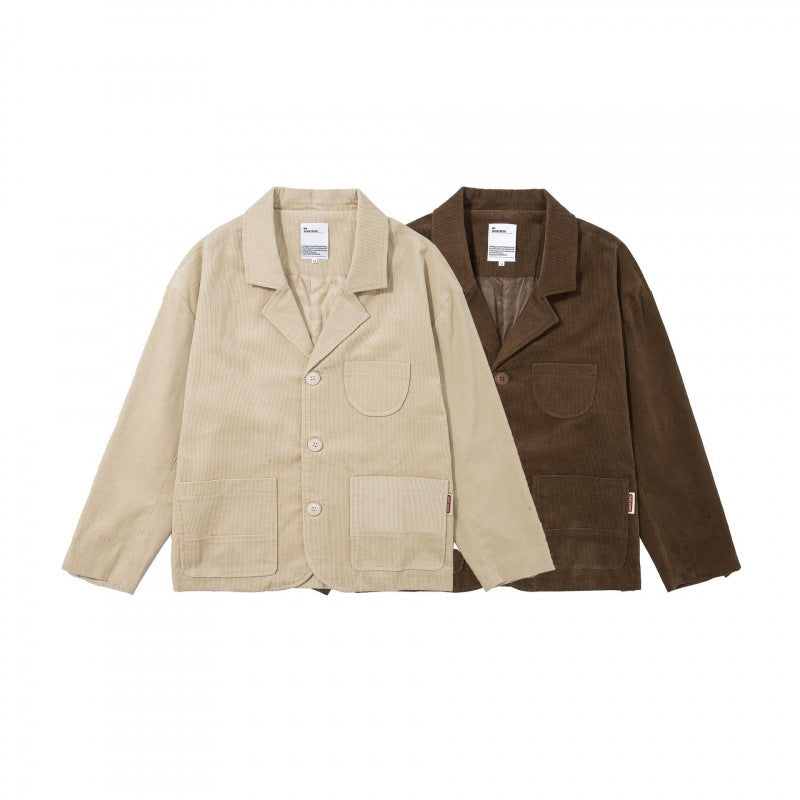 Men's Boxy Cord Blouson with Lapel Collar, Patch Pockets and Relaxed Silhouette Chichicherry