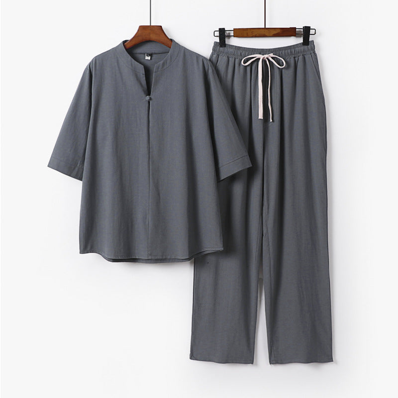 Unisex Lockeres Lounge Set with Stand Collar Half Sleeve Shirt and Elastic Waist Pants Chichicherry