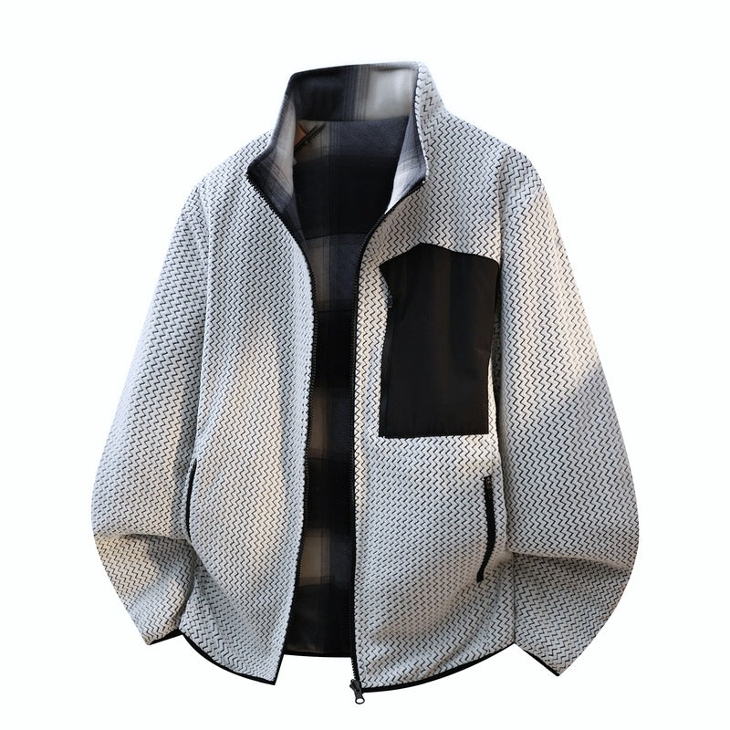 Men's structure fleece jacket with stand-up collar, contrast chest pocket and two-way zipper Chichicherry