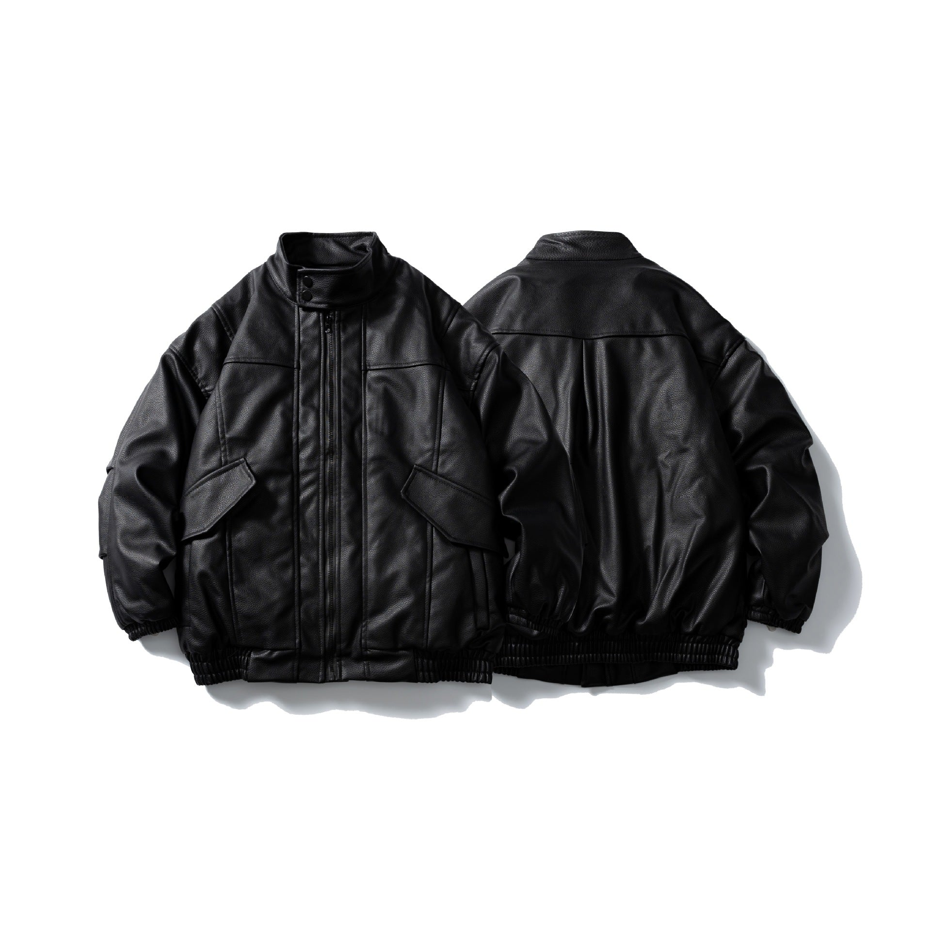 Men's leather blouson in aviator style with high turn-down collar, flap pockets, and elastic hem Chichicherry