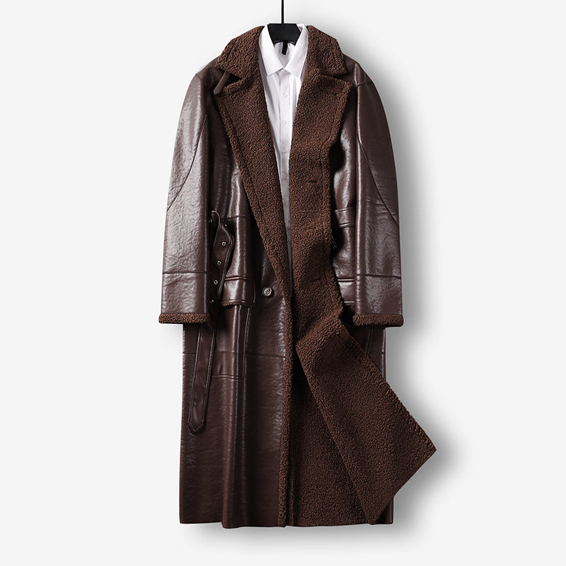 Men's Maxi-length Faux Leather Coat with Teddy Lining, Double-breasted Button Placket and Waist Belt Chichicherry