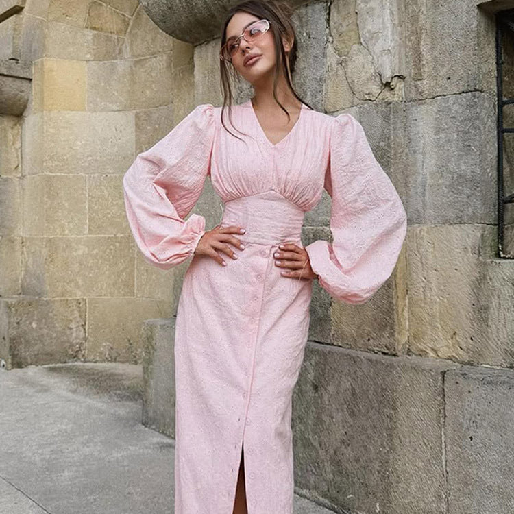 Ladies maxi dress with puff sleeves, fitted bodice and front button placket Chichicherry