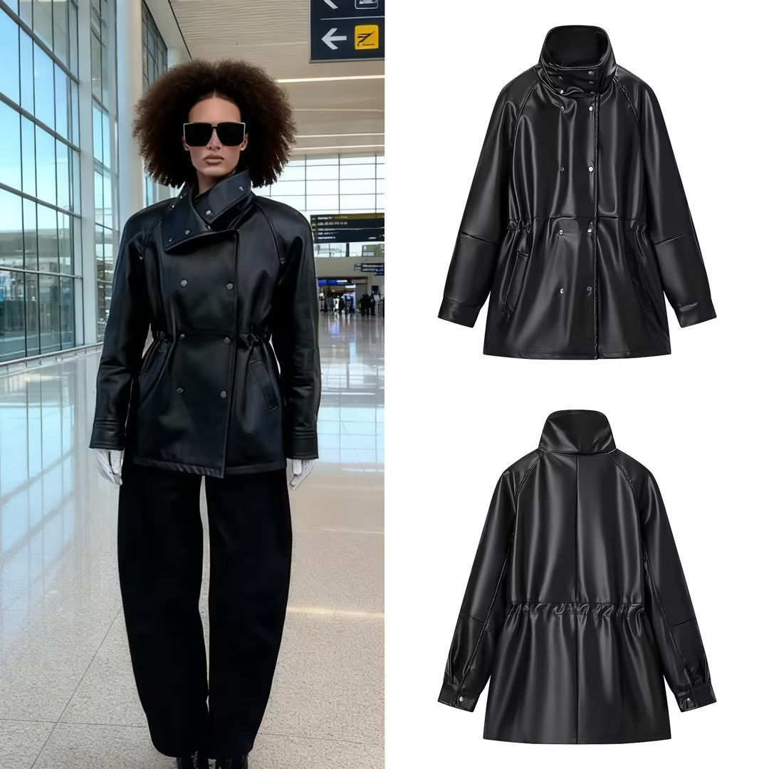 Women's Water-Repellent Parka Jacket Made of Faux Leather with High Stand Collar and Tunnel Drawstring Waist Chichicherry