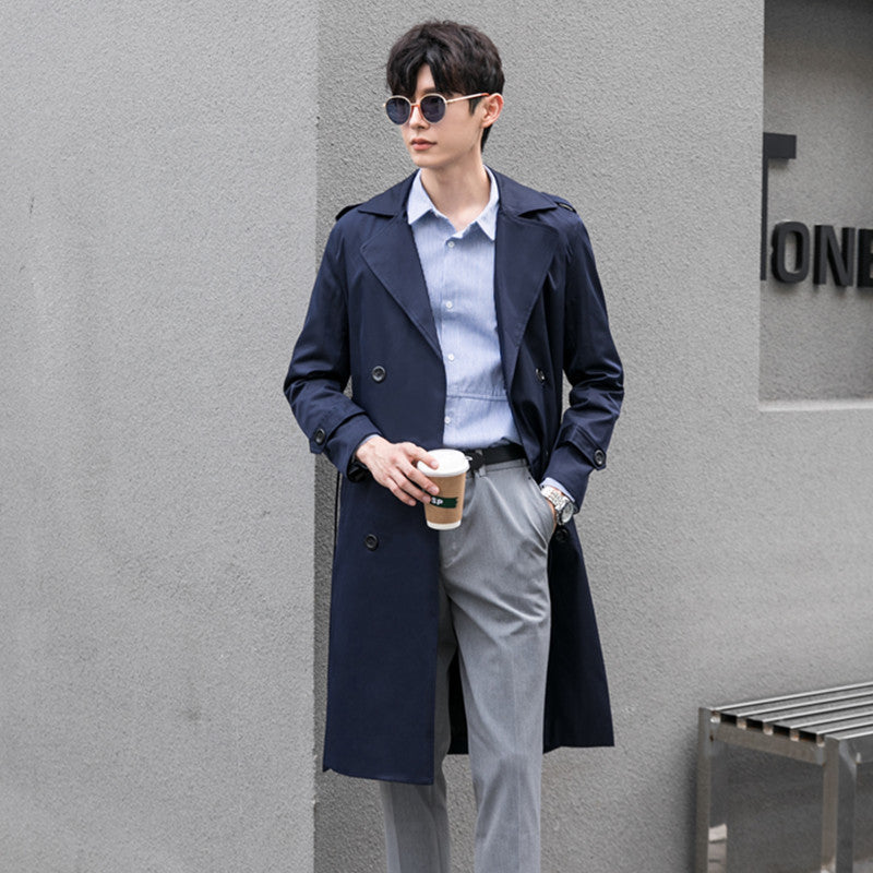 Men Water-repellent Trench Coat with Double Row, Classic Lapels and Waist Belt Chichicherry