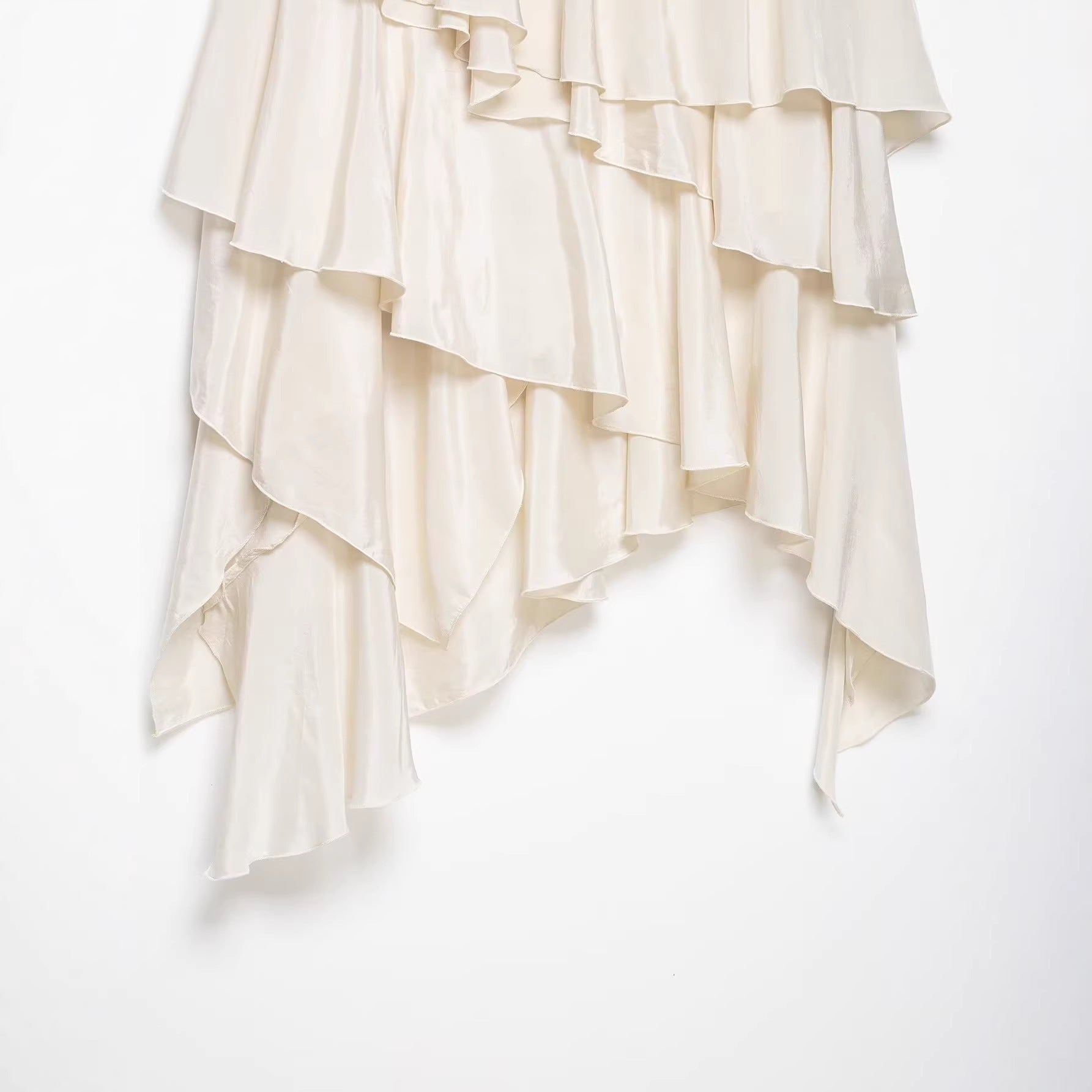 Women's Asymmetrical Tiered Skirt with Ruffles and Flowing Satin Fall Chichicherry
