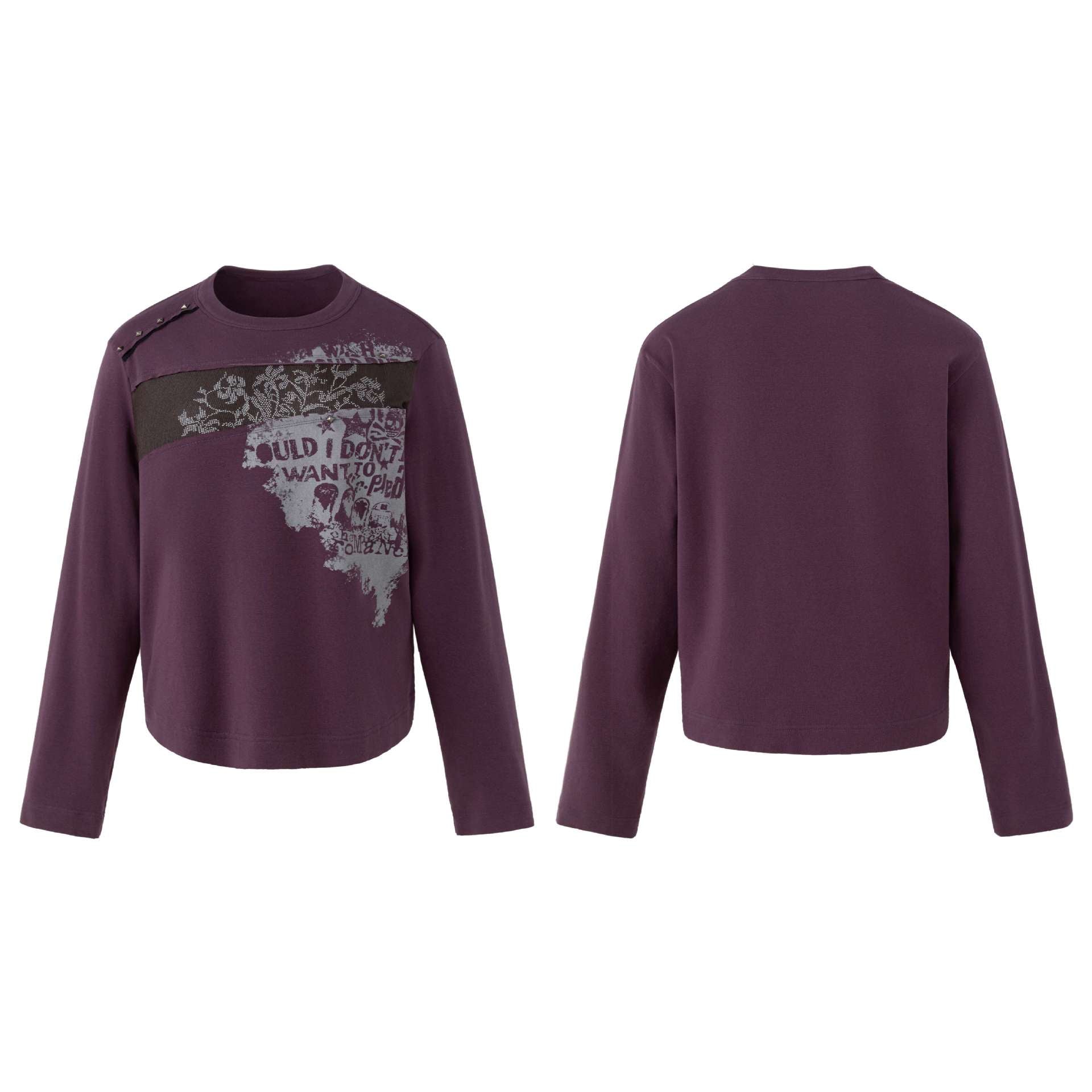 Women's Casual Sweatshirt with Studded Trim, Print Insert and Round Neckline Chichicherry