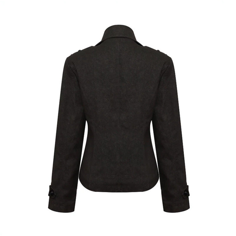 Women Short Double-Breasted Peacoat with Stand Collar and Waist Chichicherry