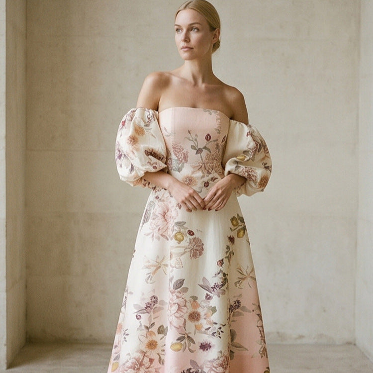 Women Elegant Off-Shoulder Evening Dress with Flared Skirt and Balloon Sleeves Chichicherry