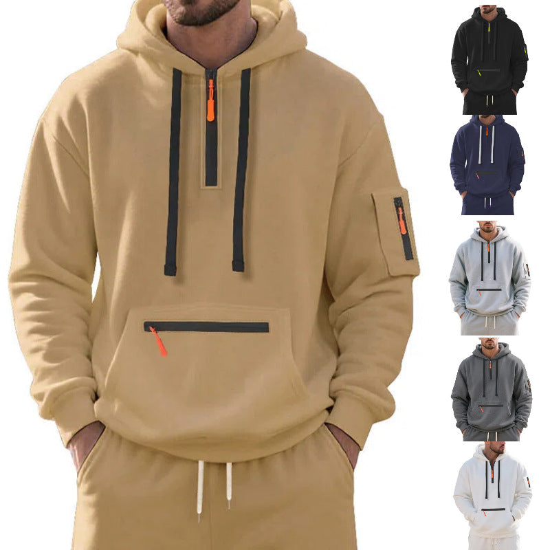 Men's Oversize Hoodie with Half Zipper, Kangaroo Pocket with Zipper and Sleeve Pocket Chichicherry