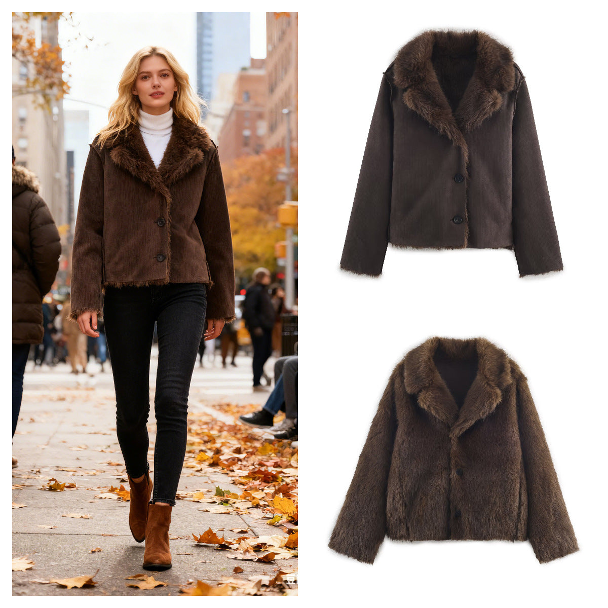 Women's Reversible Short Jacket with Faux Fur Trim and Suede Look Chichicherry