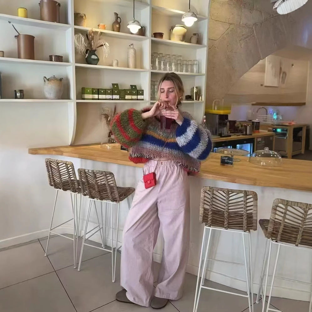 Women's Oversize Knit Sweater made of Mohair Mix with Voluminous Balloon Sleeves and Block Stripes Chichicherry
