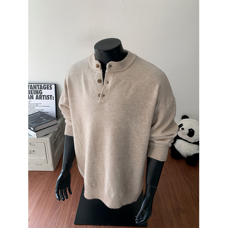 Men's Oversized Knit Sweater with Henley Collar and Half Button Placket Chichicherry