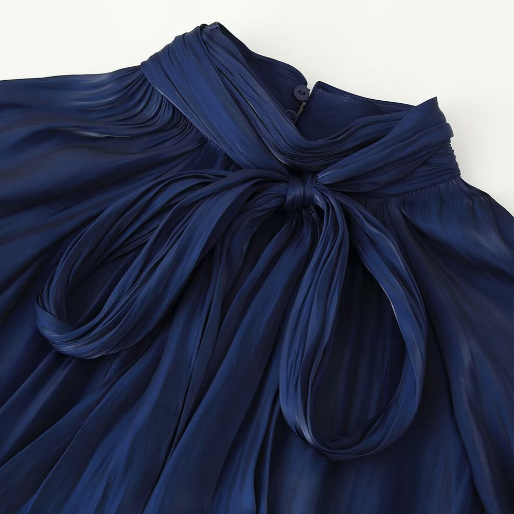 Women silk-like slip blouse with bow collar, pleated effect and ruched balloon sleeves Chichicherry