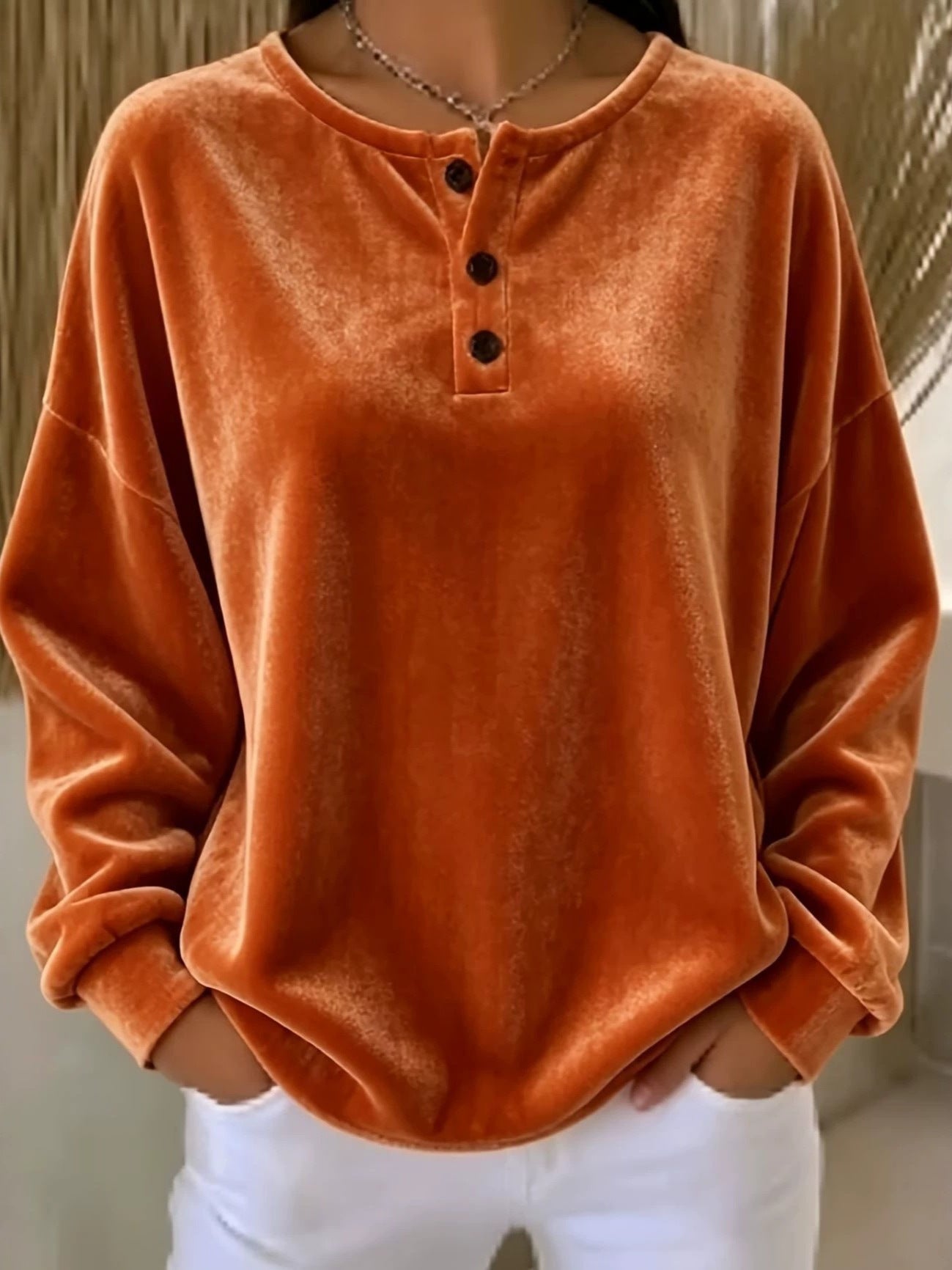 Women's Velvet Henley Sweatshirt oversized with Button Placket and Dropped Shoulder Chichicherry