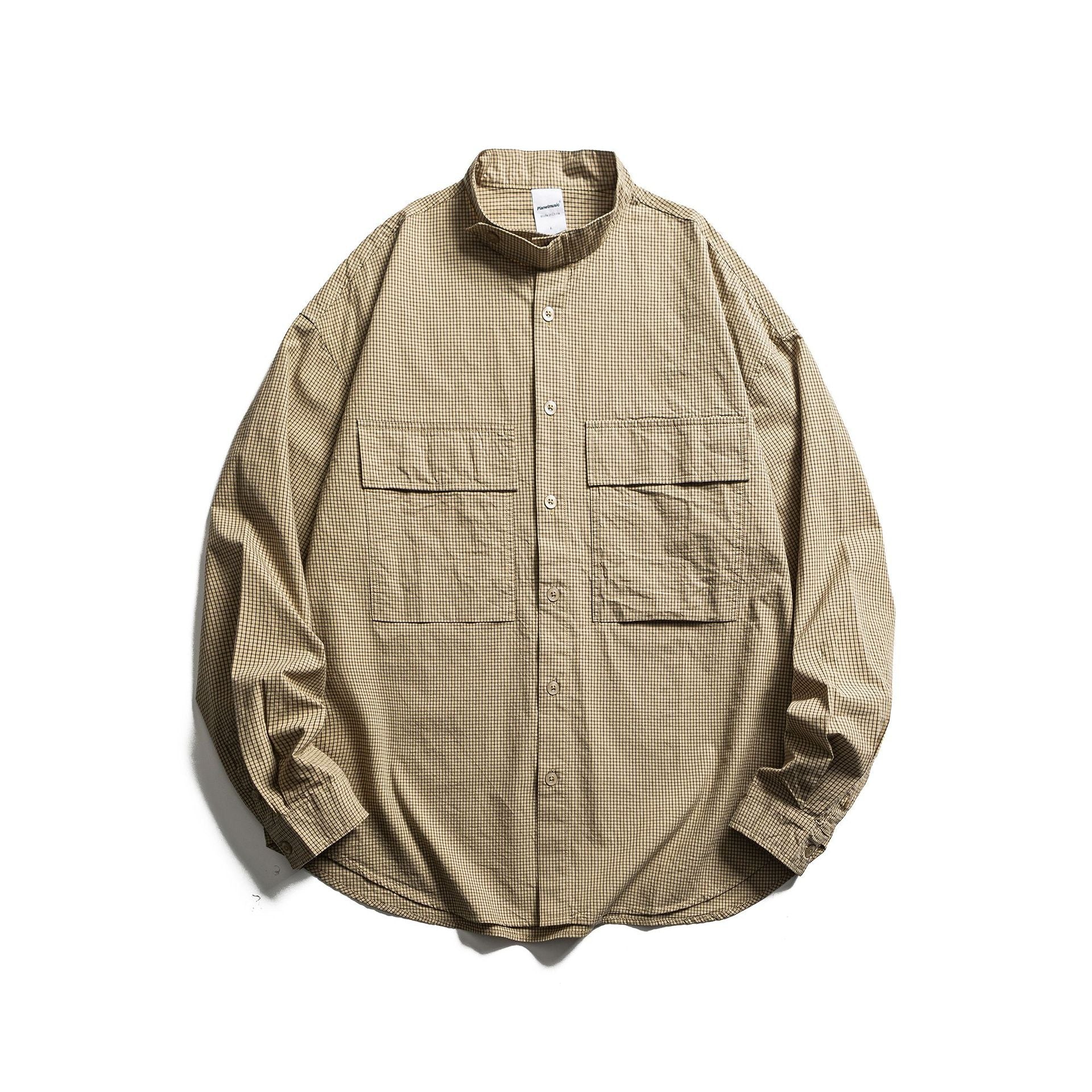 Men's Checkered Shirt Jacket with Stand-Up Collar and Patch Chest Pockets Chichicherry