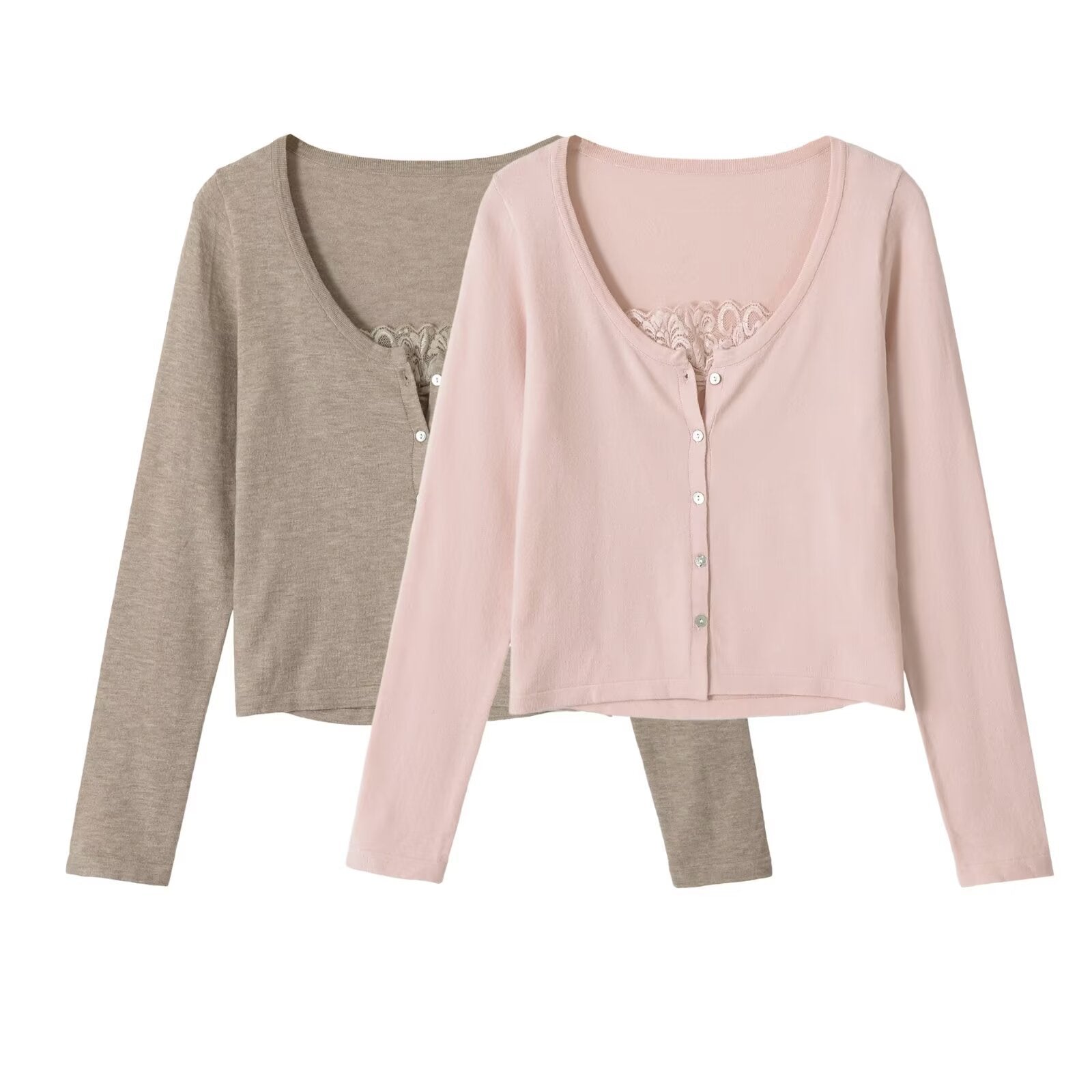 Women's short cardigan made of fine knit with V-neck, button placket, and lace insert Chichicherry