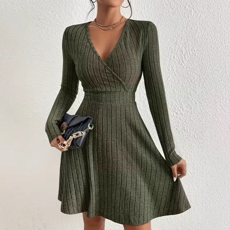 Women's knitted dress with wrap V-neck, tailored waist and flared A-line skirt Chichicherry