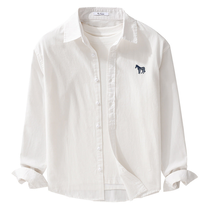 Men's Cotton Oxford Shirt Jacket in Layering Style with Subtle Zebra Embroidery and Kent Collar Chichicherry